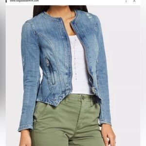 Blank NYC Light Blue Jean Jacket zipper pockets distressed 70s biker vintage